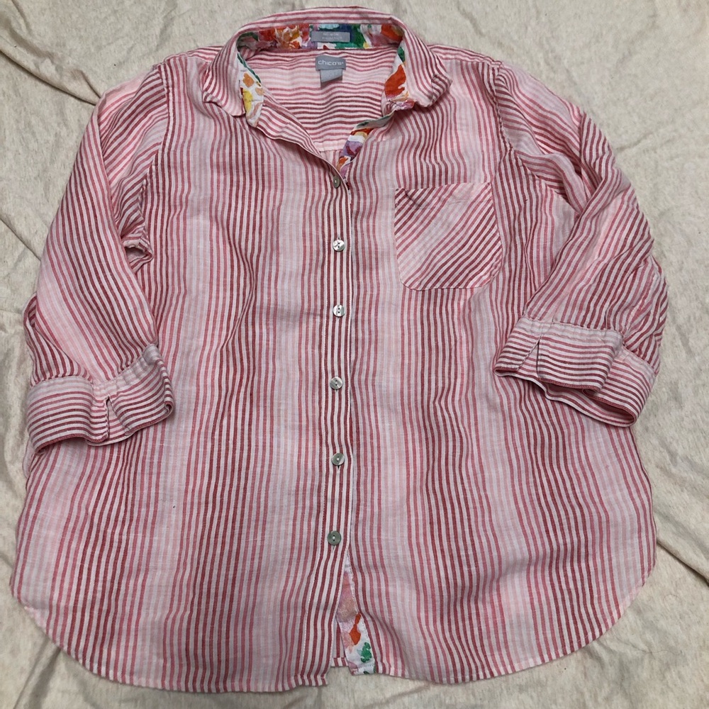 Chicos 100% Linen Button Down Top 3/4 Sleeve Beach Coastal Vacation Travel
